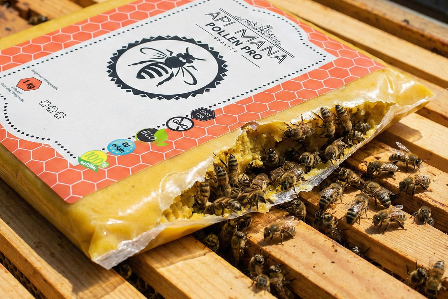 Otevřené balení cukrového těsta Apimana Pollen PRO leží na loučkách a včely k němu přistupují