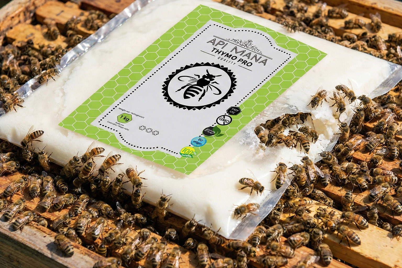Balení těsta Apimana Thymo Pro leží na plástu obklopené včelami