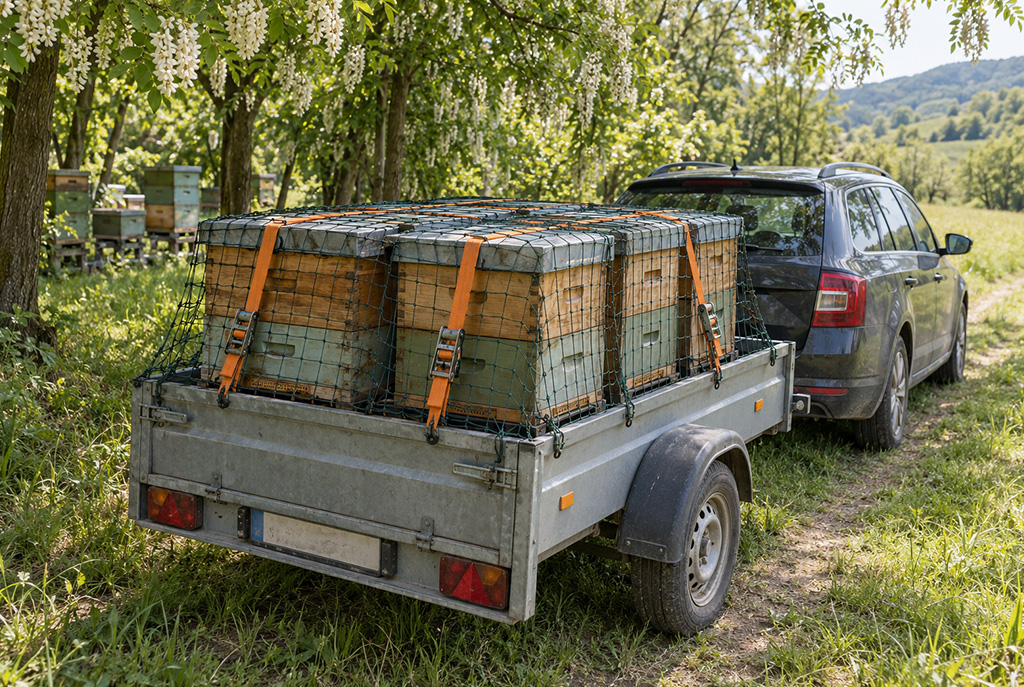 Nástavkové úly zajištěné oranžovými popruhy a krycí sítí na přívěsu za osobním automobilem