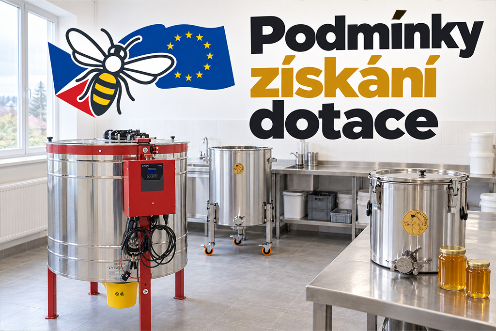 Grafika s nápisem Podmínky získání dotace, motivem včely a vlajkou Evropské unie