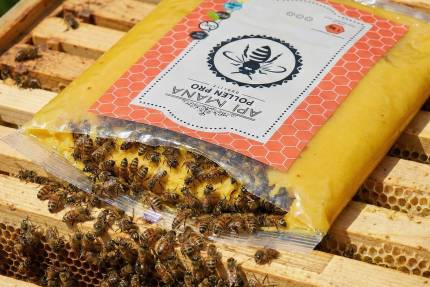 Balení cukrového těsta Apimana Pollen PRO leží na plástu mezi včelami v úlu