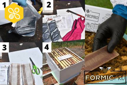 Koláž aplikace FormicPro: balení a návod, ochranné rukavice, nastříhané proužky a jejich umístění na rámky úlu