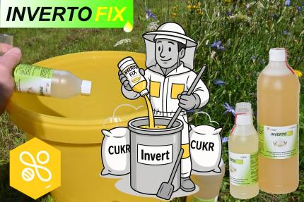 Grafika InvertoFix s ilustrací včelaře, žlutou nádobou a lahví u rozkvetlé louky