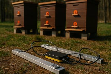 Řada hnědých úlů s oranžovými česny v lesním stanovišti
