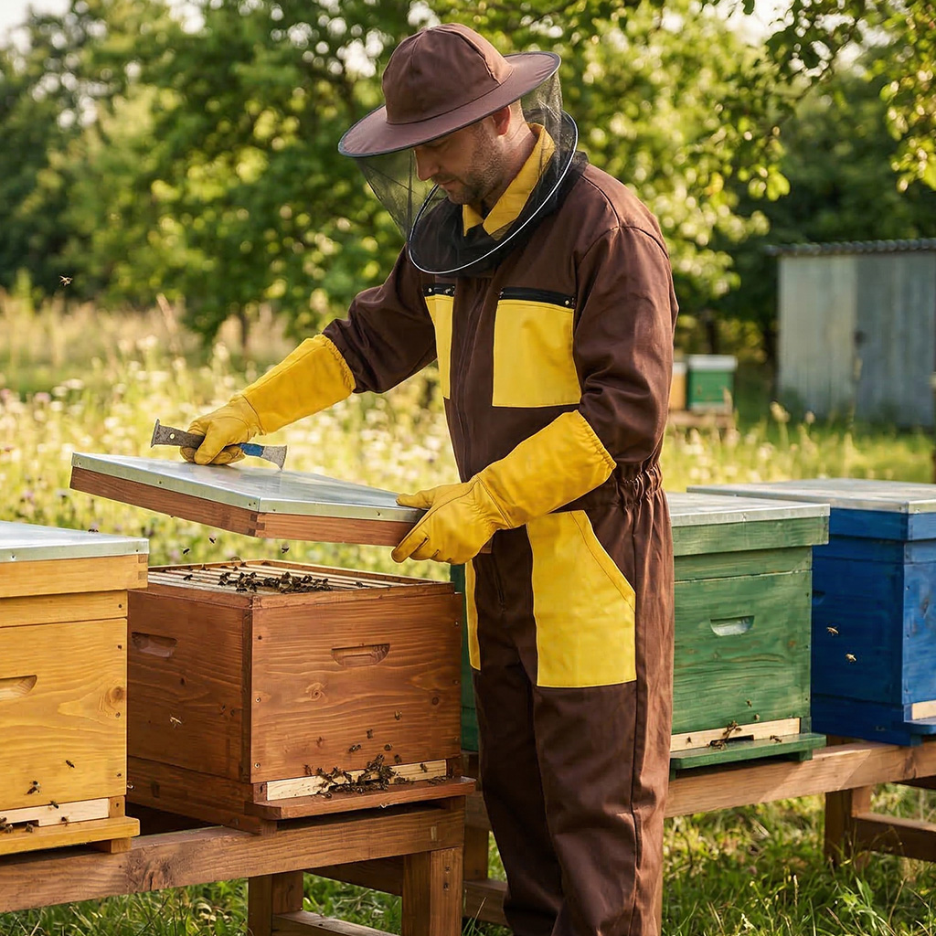 Kombinéza včelařská s kloboukem, hnědá vel,: S-XXXL