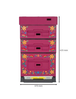 Úl Dadant OPTIMA, lakovaný (tmavě růžový), potisk – květy, rozložený